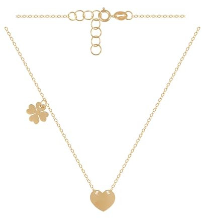 Rodium - Goldkette Damen 585 Echtgold 42/45 cm Länge, Halskette Damen Gold, Kette Gold mit Herz Anhänger und Kleeblat Anhänger, Necklace Gewicht 1.20 g