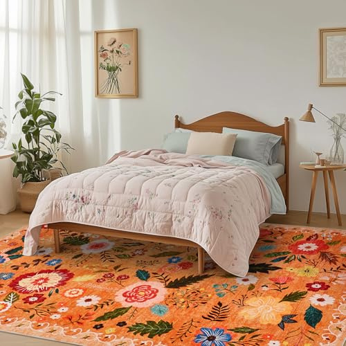 Puremy Groß Vintage Blumenmuster Niedriger Flor Teppich, 200x280cm, Orange | Waschbarer Wohnzimmerteppich, Rutschfest,Teppiche für Wohnzimmer Schlafzimmer Bauernhaus Esszimmer und Kinderzimer