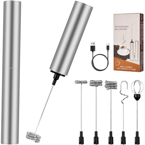 Milchschäumer Elektrisch USB-C mit 5 Wechselbaren Edelstahl-Schneebesen–2 Einstellbare Geschwindigkeiten (11.000/13.000 U/min), Wasserdichter Aufschäumer für Kaffee, Latte, Cappuccino, Matcha(Silber)