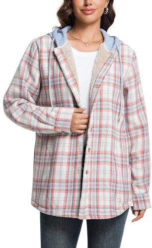 Derbars Damen Sherpa Gefüttert Flanell Hemdjacke Baumwolle Plaid Fleece Button Down Jacken mit Kapuze für Frauen