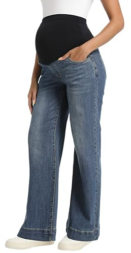 Foucome Women's Maternity Jeans Wide Leg Trendy Comfy Stretchy Straight Leg Pregnancy Denim Pants Vintage Blue M