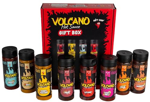 HOT CHIP Volcano Chili Sauce Tasting Geschenke Set - 8 x 270ml - Vielfalt für Chili-Liebhaber, Geschenkeset für Grillfans, Süße, Mexikanische, Barbecue, Honig, Zwiebel, Salsa - Hot Sauce Geschenk