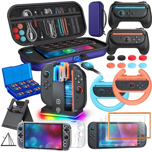WAXITY Tasche Zubehör Bundle für Switch 2, 23-in-1 [Aufladen im Inneren] Reisetasche Tragetasche Set für Switch 2 mit Case, Ladestation, Schutzhülle, Griffe für Joycon und Lenkrad (Blau)