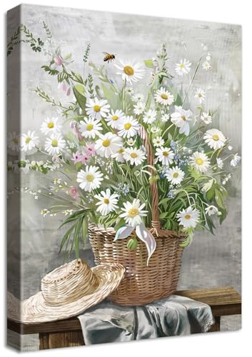 Wooden Framed Canvas Wall Art Daisy Flowers Basket Painting on Canvas Prints Straw Hat Rustic Floral Poster Farmhouse Botanical Pictures for Living Room Bedroom Hallway Corridor Wall Decor 30x40cm