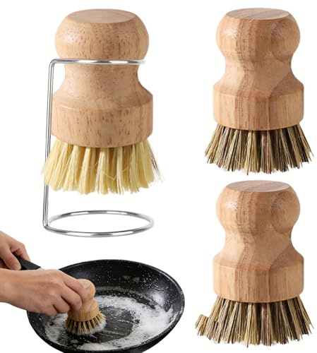 Bamboo Palm Brush, 3PCS Wooden Dish Brush with 1 Drain Racks, Kitchen Cleaning Scrubbing Brushes, Natural Wood Fibre Dish Brush for Washing Dishes Pots Pans & Sink