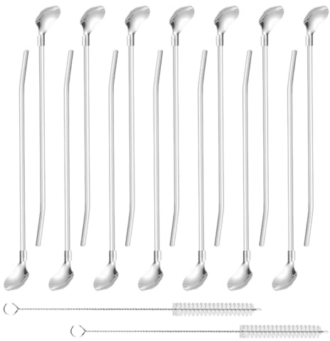 14 Piezas Pajitas con Cuchara de Acero Inoxidable, Cuchara de Paja | Pajitas de Cucharas, con 2 Cepillos de Limpieza, Reutilizable, para Bebidas, Granizados, Batidos, Cócteles y Sundaes (Plata)