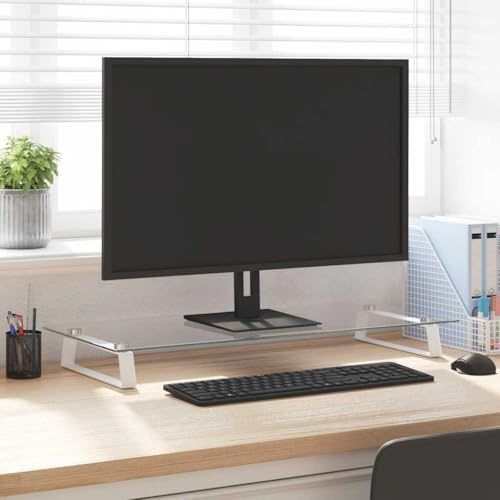 QUAHEAS Monitor Stand White Tempered Glass and Metal 80 x 35 x 8 cm with Ergonomic Shelf for Computer Desk, Laptop, Notebook, PC, Tablet, Space-Saving for Office, Home Office, Gaming Workplace