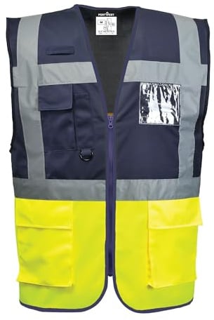 Portwest C276 Paris Hi-Vis Contrast Executive Vest Two Lower Patch Pockets | Yellow/Navy, 2X Large, EN ISO 20471 Class 1, Regular Fit, Front Zip Opening, Dual ID Holder, Radio Loop, Warp Knit, Corporate
