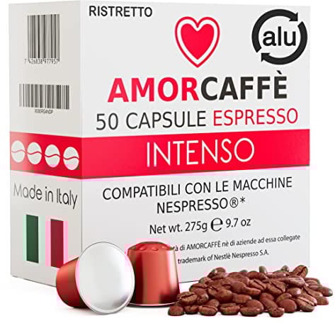 Amorcaffe 50 Aluminium Capsules Compatible with Nespresso Pods - Intenso Ristretto