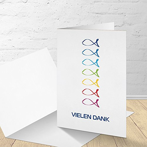 5 Danksagungskarten mit passenden Umschlägen, Danksagungskarten Kommunion Konfirmation Firmung, Klappkarten im Set zu 5 Stk. bunte Fische