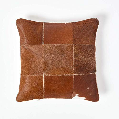HOMESCAPES Recycled Leather and Goat Hair Cushion with Feather Insert 45 x 45 cm Square - 18 x 18 Inches - Tan Brown Large Check Pattern Alpine Style Sofa Cushion
