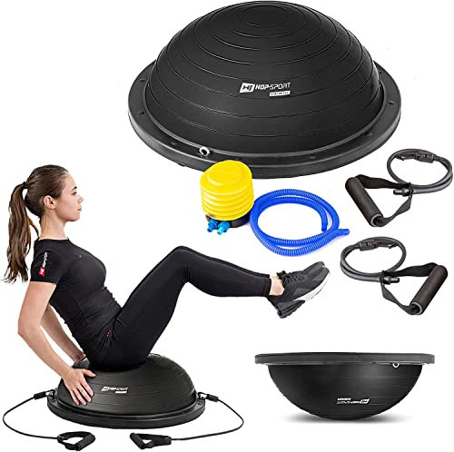 Hop-Sport Balancetrainer mit Zugbändern, Schwarz, Balance Board mit Expander, Rutschfeste Oberfläche, Doppelseitige Nutzung, Inkl. Pumpe, 200 kg Max. Belastbarkeit