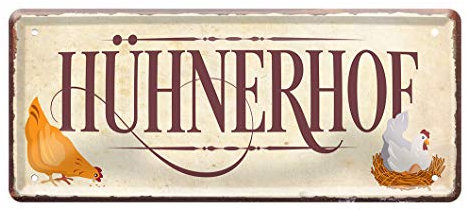 Blechschild Hühnerhof - Metallschild für Hühnerzüchter Hühnerhalter Hühner-Fans - Retro Deko Schild für Hühnerstall Hühner-Hotel Hühnerpension - Deko Garten Küche - Geschenk Geflügelzüchter - 28x12cm