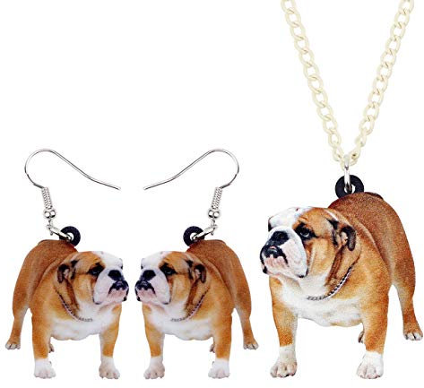 WEVENI Acryl Bulldogge Mops Hund Schmuck Set Welpe Ohrringe Halskette Anhänger für Frauen Mädchen Damen Geschenke (Braun)