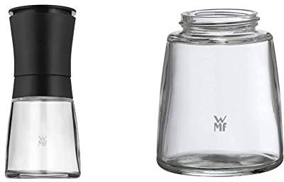 WMF Trend Salzmühle Pfeffermühle unbefüllt 14 cm, Gewürzmühle, Keramikmahlwerk, Kunststoff Glas, schwarz & Ersatzglas Gewürzmühle De Luxe, Trend, Ceramill Nature, Glas spülmaschinengeeignet