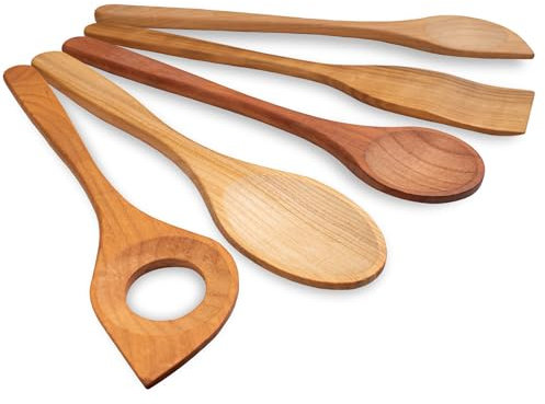 SOHFA 5 teilig Küchenutensilien aus Kirschholz | made in europe nachhaltige Kochutensilien | Küchenhelfer aus Holz: verschiedene Holzkochlöffel im Set (Pfannenwender + 4 Kochlöffel, 5, Stück)
