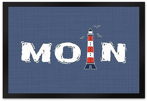 Fußmatte XL in 40x60 cm im maritimen Stil mit Spruch: Moin und Leuchtturm Maritim Heimathafen Meer Ostsee Nordsee Schuhmatte Norden Nordlicht Leuchtturm Anker Möwe Küste Wind