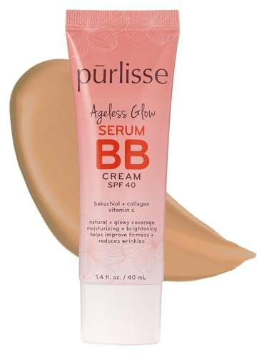pūrlisse Ageless Glow Serum BB Cream SPF 40 - Glowy Tinted Moisturizer with SPF - Korean Skin Care Formula with Vitamin C & Bakuchiol to Firm, Brighten & Even Skin - Medium (1.4 oz)