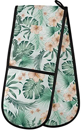 Green Botanical Tropical Palm Tree Leaves with Beige Flower Double Oven Mitt Gloves Extra Long Potholder High Heat Resistant for Baking Cooking Baking Grilling Handling Hots Pans 35x7