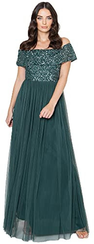 Maya Deluxe Ladies Bardot Dress Women Maxi Embellished Hight Empire Waist Sleeveless Tulle for Wedding Guest Prom Graduation Vestito per Damigella d’Onore, Verde Smeraldo, 42 Donna