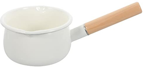 HANABASS 1PC Enamel Milk Pot, Enamel Stockpot Non- Stick Mini Saucepan Butter Warmer with Pour Spout and Wooden Handle for Tea Coffee Egg Boiling Small Cookware
