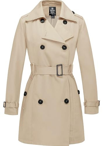 Wantdo Damen Trenchcoat Lang Mantel Frühling Winddicht Sommermantel Übergang Elegant Mäntel Frühlingsmantel Schulterklappen mit Gürtel Slim Fit Jacken Khaki 40