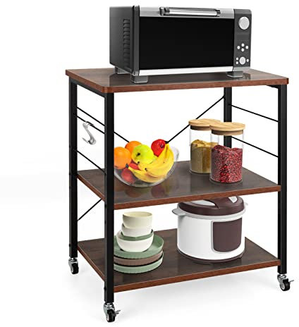 GIANTEX Servierwagen Küchenwagen auf Rollen, Küchenregal 3 Ebenen & 10 Haken, Druckertisch Druckerständer Industrie-Design, Küchenwagen Holz & Stahl, Standregal Gewürzregal 60 x 40 x 73 cm