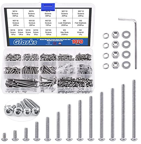 Glarks Kit d'Assortiment de Vis M3 en Acier Inoxydable 304 - Têtes Semi-Rondes et Hexagonales Creuses, Écrous, Rondelles - Avec Clé Hexagonale pour Machines, Meubles, Réparation