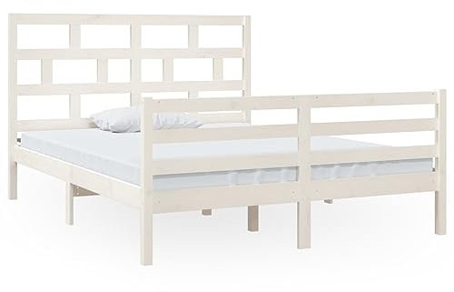 vidaXL Massivholzbett, Bett Holzbett für Schlafzimmer, Bettgestell Bettrahmen mit Lattenrost Kopfteil Fußteil, Doppelbett, Weiß 150x200cm