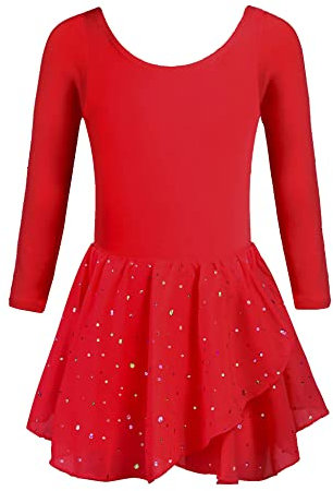 trudge Robe de Ballet Filles vêtements de Ballet Costume de Ballet pour Enfants Rouge Robe de Danse à Manches Longues Justaucorps de Ballet avec Jupe Tutu Corps de Danse 130/3-4 Ans