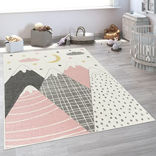 Paco Home Tapis Enfant Tapis Chambre Enfant Fille Garcon Moderne Motif Montagne Etoile Nuage Rose, Dimension:133 cm carré