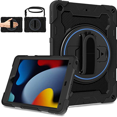 ROSROME Custodia per iPad 9/8a/7a generazione 10,2 pollici per bambini con protezione dello schermo, custodia antiurto per iPad 9th 8th 7th Gen con supporto rotante tracolla tracolla porta matita.