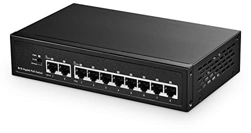 Binardat 10 porte Gigabit POE Switch, 8 porte POE+ 1000Mbps, 2 Gigabit Uplink, IEEE802.3af/at, alimentazione interna 120W, custodia metallica Plug and Play non gestita