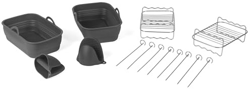Salter Accesorios para freidora de aire, set de 14 piezas | 2 cestas silicona, 2 rejillas acero inoxidable, 8 brochetas, 2 guantes resistentes calor, apto lavavajillas, sin PFAS