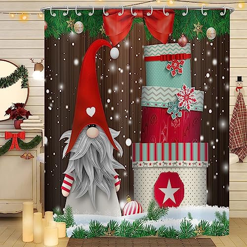 Hnmdmyi Duschvorhang Weihnachten 180x200, Niedlicher GNOME Bunte Geschenkboxen Xmas Rustikal Bauernhof Winter Urlaub Badewanne Vorhang Wasserdicht Polyester Stoff Waschbar Badevorhang mit Haken