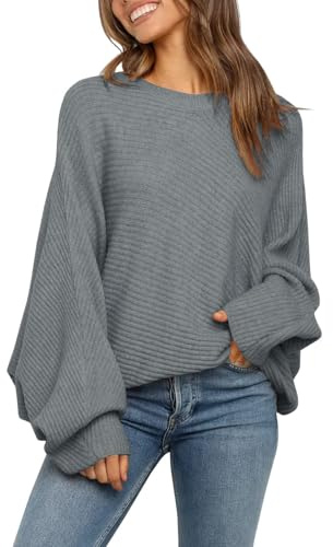 Fessceruna Damen Pullover Oversize Fledermausärmel Strickpullover Winter Rundhals Pulli Geripptes Sweatshirt(Grau, L)