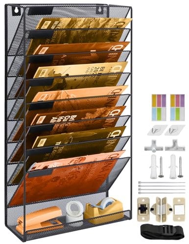Hängeorganizer Wandablagefächer 9 Stöckiger Wandmontage Schreibtisch Organizer, A4 Zeitschriftenhalter Wand für Zeitschriften, Hängende Wandordner Dokumente Metall Büro Dokument Organizer für Zuhause
