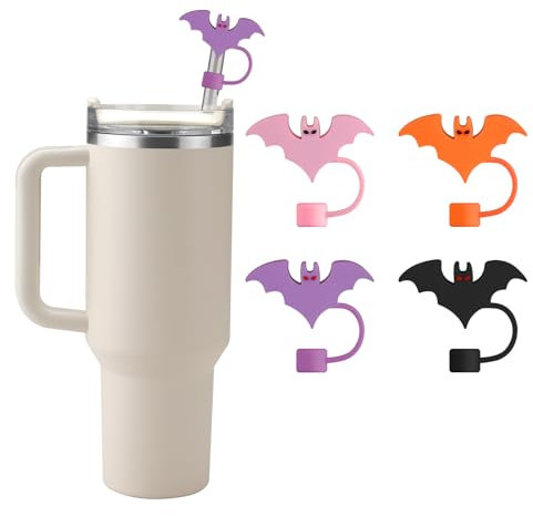 Halloween Silicone Straw Covers Cap for Stanley Cup, Cute Straw Topper for Stanley 30&40 Oz Tumbler, Reusable Dust-Proof Drinking Straw Cover, Set of 4 (Halloween Bat)