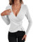 EMOTTOS Camisetas sexys Mujer con Escote en V- Tops Ajustados con Envoltura Cruzada, Cuello en V y Mangas largas, Blusas con Botones y Dobladillo Fruncido, Camiseta de Moda Y2K(White-M)