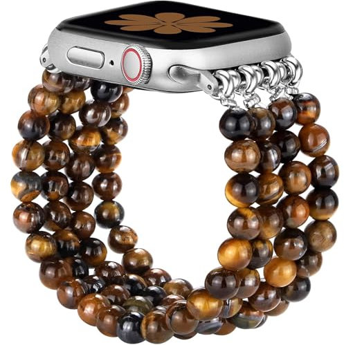 JR.DM Naturstein Armband Kompatibel mit Apple Watch Armband 38mm 40mm 41mm 42mm 44mm 45mm 46mm Schick Komfortabler Handgefertigter Elastischer iWatch Uhrband für Series 10/9/8/7/SE/6/5/4/3/2/1 Damen