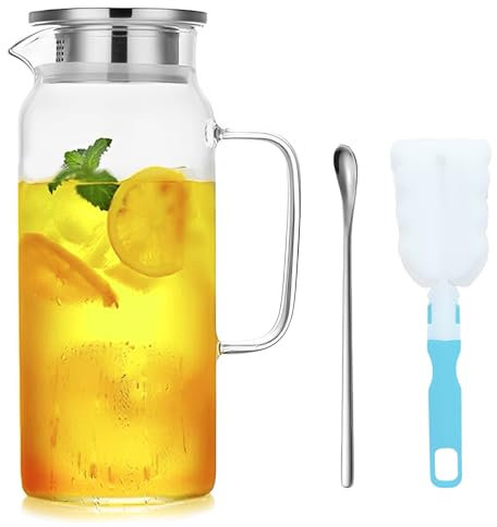 ZIGefofo Glaskaraffe 2 Liter Wasserkaraffe mit Edelstahl Deckel und Rührlöffel Glas Krug karaffe aus Borosilikatglas für Hausgemachte Getränke Eistee Milch Kaffee Wein Fruchtsaft
