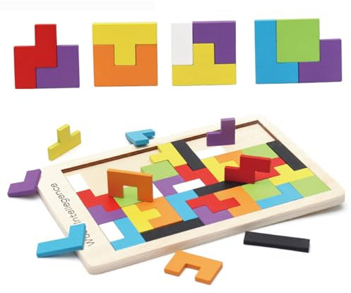 Qinsky Holzpuzzle Tangram,40er Pack Holz-Puzzle Jigsaw Geometrische Blöcke Holz Puzzle Box Gehirn Spiele für Kinder frühe Pädagogische