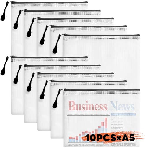 AiQInu 10 stück Dokumententasche A5 Abheftbar, Dokumentenmappe A5 Wasserdichte, Reisverschlusstaschen A5, Mesh Beutel mit Reißverschluss, Zipper Taschen