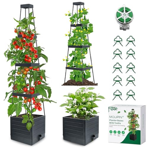 MQUPIN 145cm Tomaten Pflanzkästen, 2 Stück Hochbeet mit Rankgitter zum Klettern von Gemüse, Pflanzen, selbstbewässernde Pflanzkästen für den Außenbereich, verstellbare Rankenstütze