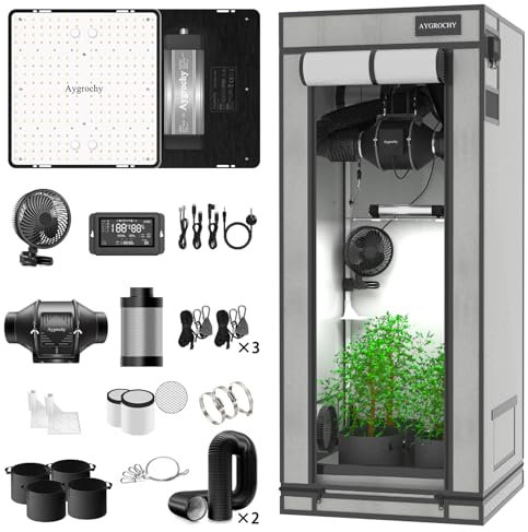 Aygrochy Advanced Grow System Pflanzen Set mit Central Integrated Controller. Automatischer Belüftung Zirkulationsplan, Vollspektrum-LED-Wachstumslampe 100W, 60 x 60 x 160 cm große Wachstumsbox.
