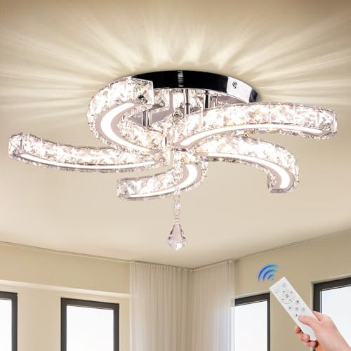 Cainjiazh 19.7 Dimmbare Kristall-Kronleuchter Moderne Kristall-Deckenleuchten Acryl 5 Arme Led Flush Mount Deckenleuchte Lampe für Esszimmer Wohnzimmer Schlafzimmer Flur Fernbedienung