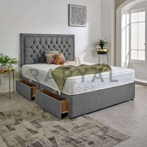 Hf4you Luxury Divan Bed Set in Plush with Chesterfield Bumper Headboard and Memory Sprung Mattress (Grey, 2ft6, No Drawers)