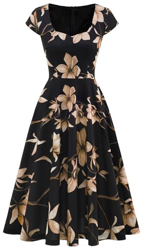 Berylove Cocktailkleid Damen Kleid Hochzeitsgast Damen Abschlusskleid Rockabilly Kleider Damen Festlich Konfirmationskleider BLP8009 BlackMagnoliaFlower XS