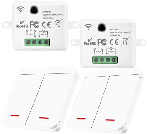 WIYETY Interrupteur sans fil : interrupteur va-et-vient 433 MHz, éclairage sans fil, interrupteur RF et récepteur (2 interrupteurs, 2 récepteurs)