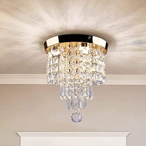 CXGLEAMING 9.8 Modern LED Crystal Chandelier Ceiling Light Flush LED Light Fitting Ceiling for Living Room Bedroom Bathroom Hallway Kitchen(3 Color Changable)